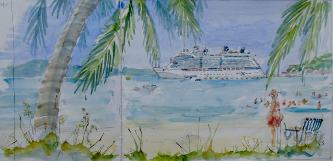 a sketch from the beach looking back at our ship